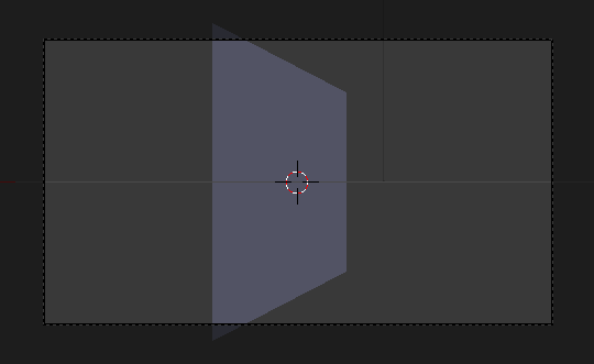 Screenshot of Blender, an open source 3D graphics suite, with an identical setup of a square viewed from the appropriate distance at an angle from the normal of one radian. The square appears identical to the calculated image above, showing that Blender performs an equivalent calculation.