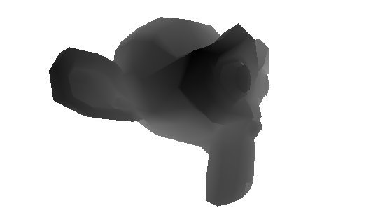 A depth buffer image of Suzanne, a stock model of a cartoon monkey's head available in Blender.