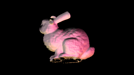 Render of the Stanford bunny lit by pink lights, with a bizarre shading pattern caused by the normals being the wrong way round allowing us to see the inside faces of the bunny instead of the outside. Because the bunny is fairly symmetrical, it is not immediately obvious that this is what's happening.