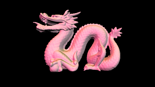 A render of the Stanford dragon, a digitised statue of a statue of a Chinese dragon. The normals are not calculated correctly, giving it a slightly odd look.