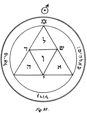 Clear black and white image of the Third Pentacle of Mars. Each triangle has a Hebrew letter, as do the points of the innermost triangle.