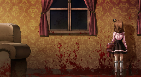 View of the blood-splattered room with Maria standing with her back to the camera, facing the wall.