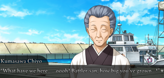 First view of Kumasawa Chiyo, standing in front of a boat. She is an old woman in a white smock over a dark grey robe, with grey hair and a kind expression. She is saying “What have we here… ooh! Battler-san, how big you’ve grown…!”