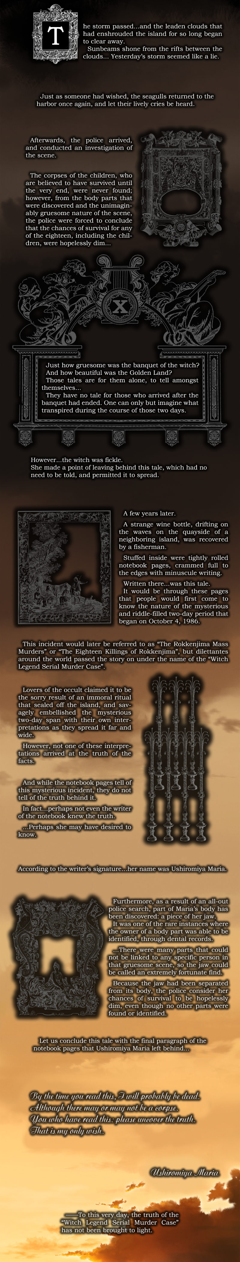 The first part of the game’s epilogue. Text is printed over a cloudy sunset, overlaid with medieval-style illustrations. See below for text.