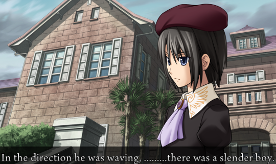 First view of Kanon, a young feminine-looking boy with shoulder-length black hair including a fairly long fringe. Kanon wears a long black shirt with tails but no buttons, a lilac cravat, and a maroon beret. He has a large white collar with the One Winged Eagle.