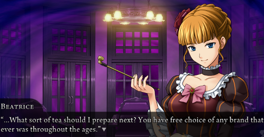 Beatrice in a strange purple-overlay-background room saying “…What sort of tea should I prepare next? You have free choice of any brand that ever was throughout the ages.”