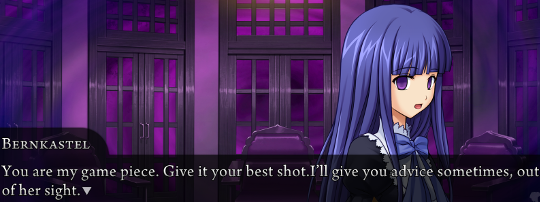Bernkastel addressing the camera and saying “You are my game piece. Give it your best shot. I’ll give you advice sometimes, out of her sight.”