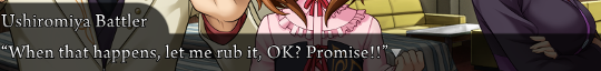 Second piece of text from the same scene: Battler saying “When that happens, let me rub it, OK? Promise!!”