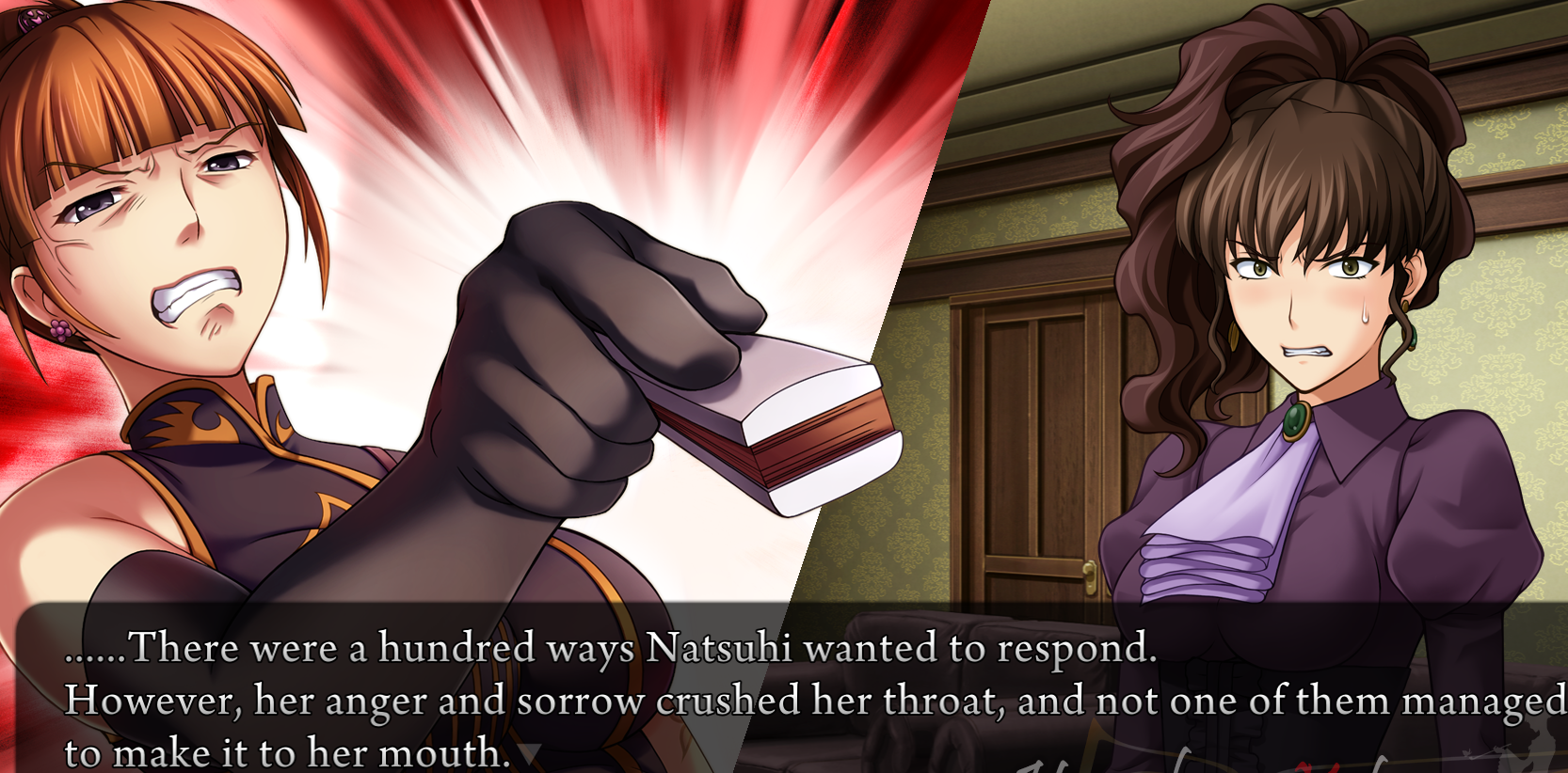 A dramatic half-screen CGI of a furious Eva pointing her fan at Natsuhi, who is wearing a purple dress and a lilac cravat without the One Winged Eagle. The narration says “…There were a hundred ways Natsuhi wanted to respond. However, her anger and sorrow crushed her throat, and not one of them managed to make it to her mouth.”