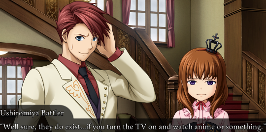 Battler talking to Maria and saying “Well sure, they do exist… if you turn the TV on and watch anime or something.”