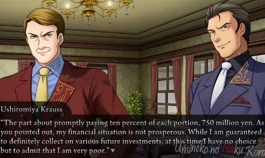 Krauss saying “The part about promptly paying ten percent of each portion, 750 million  yen. As you pointed out, my financial situation is not prosperous. While I am guaranteed to definitely collect on various future investments, at this time I have no choice but to admit that I am very poor.”