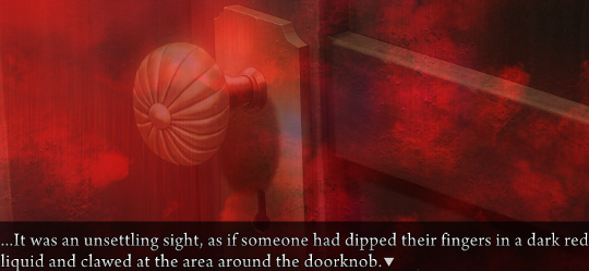 Image of a doorknob with a red overlay. Text says “It was an unsettling sight, as if someone had dipped their fingers in a dark red liquid and clawed at the area around the doorknob.”