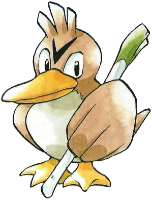 Ken Sugimori's watercolour of the Pokémon Farfetch'd, literally a duck carrying a green onion like a sword.