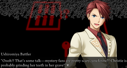 Battler, standing in front of a schematic representing the locked-room mystery. He’s saying “Oooh!! That’s some talk—mystery fans are pretty scary, you know?! Christie is probably grinding her teeth in her grave!”