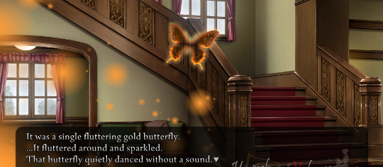 A gold butterfly in the entrance hall to Kinzo's manor. Narration: ‘It was a single fluttering gold butterfly. …It fluttered around and sparkled. That butterfly quietly danced without a sound.’