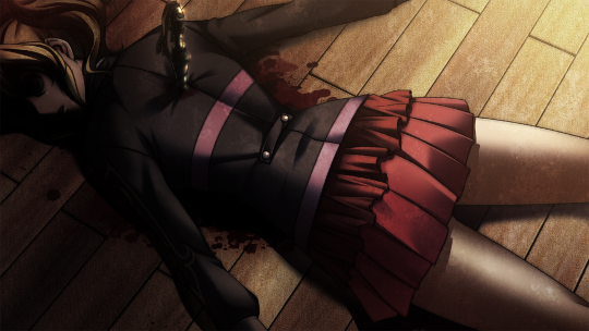 CG of Jessica lying on the floor with a small spiral stake burried in her back, and a pool of blood around her.