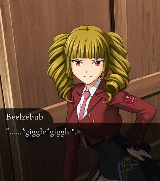 Beelzebub, one of the Stakes of Purgatory, another young anime girl in a red jacket and black skirt. She has her dark blonde hair in two long ringlets.