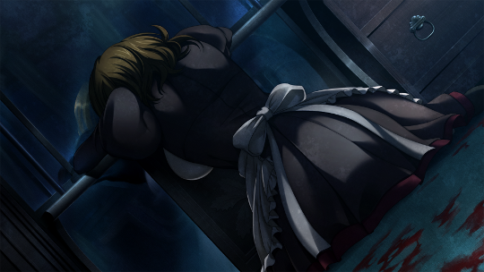 CGI of Sayo slumped over on a windowsill, with blood on the floor around her. Outside is a night sky.