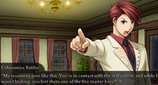 Battler does the Phoenix Wright finger point. He says: “My reasoning goes like this. You’re in contact with the real culprit, and while I wasn’t looking, you lent them one of the five master keys!!”