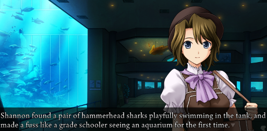 A picture of Shannon, out of her work uniform, in a large aquarium. The narration says “Shannon found a pair of hammerhead sharks playfully swimming in the tank, and made a fuss like a grade schooler seeing an aquarium for the first time.”