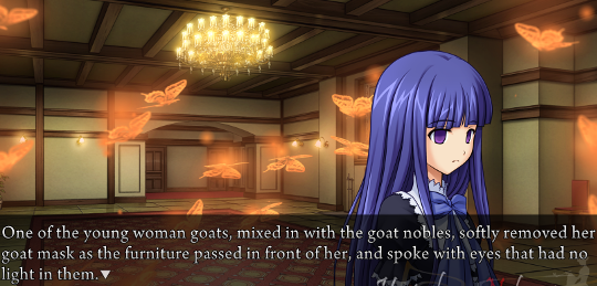 Bernkastel in Kinzo’s entrance hall. Narration: ‘One of the young woman goats, mixed in with the goat nobles, softly removed her goat mask as the furniture passed in front of her, and spoke with eyes that had no light in them.