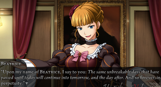 Beatrice declaring: “Upon my name of Beatrice, I say to you: The same unbreakable days that have passed until today will continue into tomorrow, and the day after. And so forever, in perpetuity.”