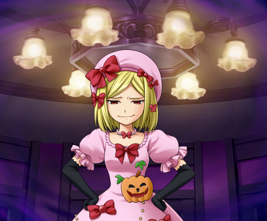 A new witch is introduced. She is wearinga pink dress with a smiling pumpkin emblem on the hip, and many red ribbons. She has shoulder-length blonde hair.