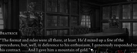 Greyscale image of Kinzo’s office. Beatrice is narrating: “The format and rules were all there, at least. He’d mixed up a few of the procedures, but, well, in deference to his enthusiasm, I generously responded to his contract. ……And I gave him a mountain of gold.”