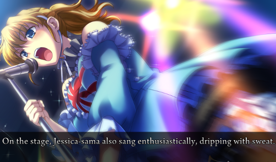 A dramatic CGI of Jessica singing into a microphone under flaring stage lights. The narration says ‘On the stage, Jessica-sama also sang enthusiastically, dripping with sweat.’