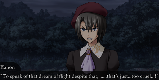 Kanon, now angry, continuing “To speak of that dream of flight despit ethat, ……that’s just…too cruel…!”