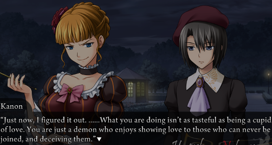 Beatrice with a mean smirk, and Kanon maintaining a studiously neutral expression. Kanon says “Just now, I figured it out. ……What you are doing isn’t as tasteful as being a cupid of love. You are just a demon who enjoys showing love to those who can never be joined, and deceiving them.”