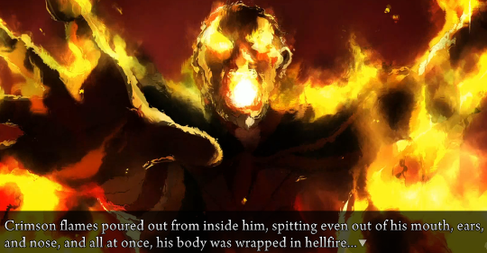 Painting of Kinzo burning up with bright light shining out of his eyes and mouth. Narration: ‘Crimson flames poured out from inside him, spitting even out of his mouth, ears and nose, and all at once, his body was wrapped in hellfire…’