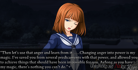 Young Eva: “Then let’s use that anger and learn from it. ……Changing anger into power is my magic. I’e saved you from several predicaments with that power, and allowed you to achieve things that should have been impossible for you. As long as you have my magic, there’s nothing you can’t do.”