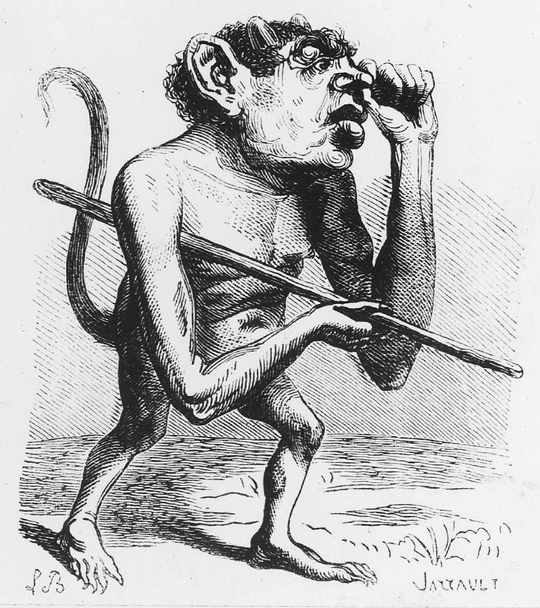 Victorian era illustration of Ronove. He is a man with a giant head, especially his chin and ear, very long mismatched arms, and a tail, carrying a staff under one arm and picking his nose with the other.